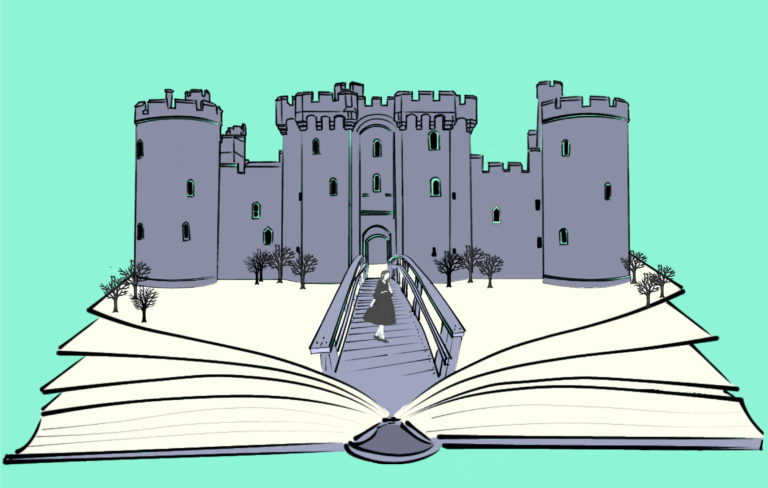 Step by Story Logo, a girl standing on a bridge leading to a castle that springs from an open book.