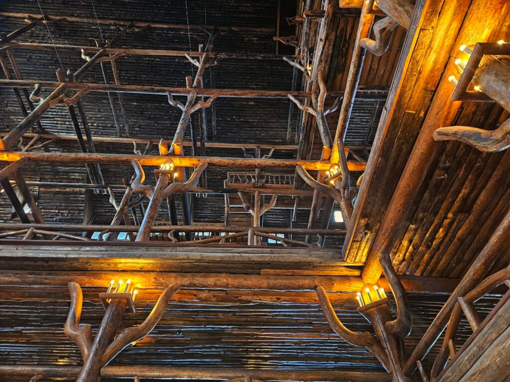 Upward view of Old Faithful Inn interior. 